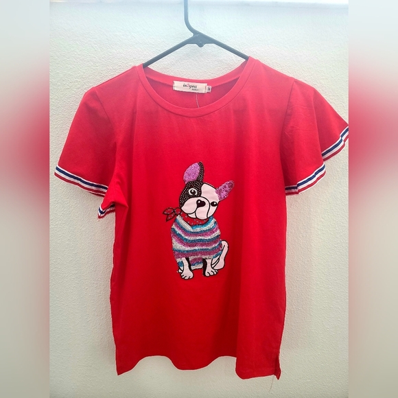 In 2 You Womens Red Top Sequined Dog - Picture 1 of 6